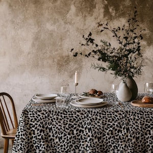 Leopard Print Tablecloth, Modern Animal Print Table Cover, Black Beige Dining Room Decor, Wild Safari Kitchen Linen, Custom Size Tablecloth