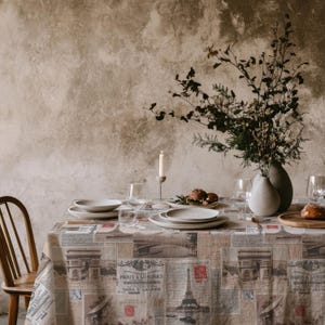 Vintage Paris Postcard Tablecloth - French Style Table Cover, Rustic Beige Dining Linen, Travel Theme Kitchen Decor, Eiffel Tower Tablecloth
