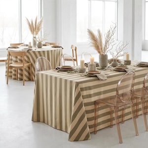 Beige Taupe Striped Tablecloth – Neutral Wide Stripe Table Cover for Minimal Dining Rooms Elegant Kitchens, Washable Round Tablecloth