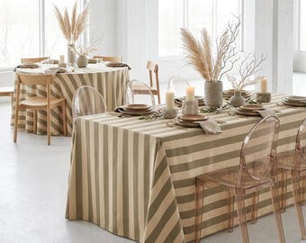Beige Taupe Striped Tablecloth – Neutral Wide Stripe Table Cover for Minimal Dining Rooms Elegant Kitchens, Washable Round Tablecloth