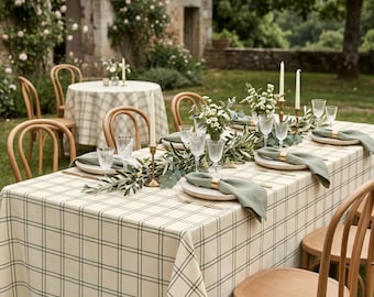Minimal Plaid Tablecloth – Neutral Beige Green Grid Dining Table Cover, Farmhouse Kitchen Decor, Rustic Brunch & Everyday Table Style