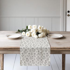Runner da tavola in lino floreale - Motivo floreale grigio, decorazione rustica lavabile per sala da pranzo in stile fattoria, centrotavola boho, stile moderno per la casa