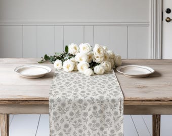 Floral Linen Table Runner – Grey Flower Pattern, Washable Rustic Farmhouse Dining Decor, Boho Table Centerpiece, Modern Home Style