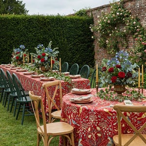 Puede incluir: Una mesa de comedor al aire libre, decorada con un mantel rojo estampado, platos, servilletas y centros de mesa florales. Sillas verdes y de madera rodean la mesa, con velas y flores para una atmósfera elegante.