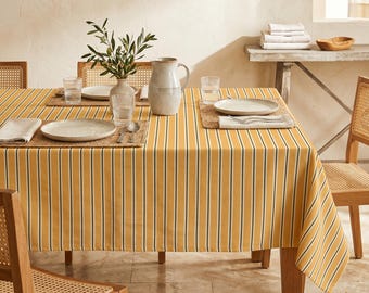 Mustard Stripe Tablecloth – Yellow Green Vintage Dining Table Cover, Farmhouse Kitchen Decor, Summer Brunch & Casual Gathering Table Style