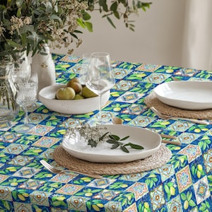 Cobalt Blue Lemon Botanical Tile Patchwork Tablecloth - Mediterranean Style Table Cover for Summer Brunch, Kitchen Dining and Cafe Decor