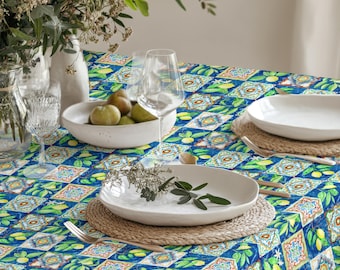 Lemon Tile Tablecloth – Colorful Mediterranean Dining Table Cover with Blue and Citrus Pattern