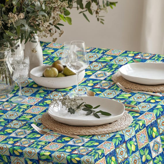Tischdecke im mediterranen Stil mit kobaltblauem Zitronen-Patchworkmuster â ideal fĂŒr Sommerbrunch, KĂŒche und CafĂ©