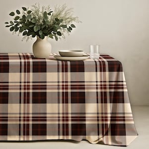 Cream Brown Plaid Tablecloth with Burgundy Tartan Pattern – Cozy Rustic Table Cover for Autumn Dining, Winter Decor and Seasonal Gatherings