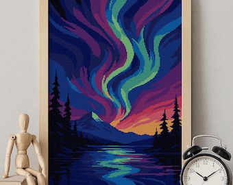 Aurora Borealis Cross Stitch Pattern | Northern Lights Mountain