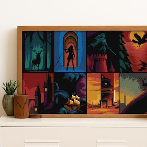 Peut inclure: Une impression d'art pixelisée encadrée présentant huit panneaux avec des scènes fantastiques. Les panneaux représentent un cerf dans une forêt, une silhouette avec un arc, une figure encapuchonnée, un corbeau, des châteaux, un navire et un coucher de soleil.