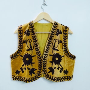 Boho Velvet Suzani Vest Jacket | All Season Jacket | Embroidered Suzani Vest Coat Jacket | One Size Vest Coat | Velvet Cotton Short Jacket |
