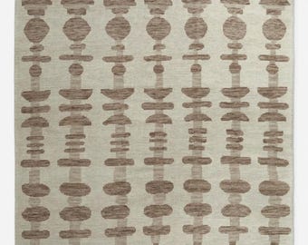 Hand Knotted Oushak Wool Rug | Beige & Taupe Geometric Pattern | Soft Neutral Turkish Area Carpet | Handmade Wool Oushak | Boho Farmhouse