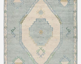 Soft Blue Oushak Rug | Hand Knotted Wool Turkish Rug | Light Pastel Vintage Style Area Rug | Modern Farmhouse Oushak Carpet with Green Beige
