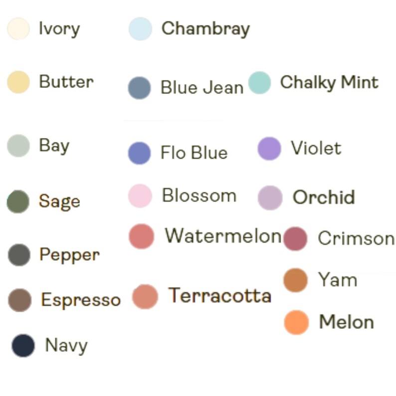 Pu&ograve; includere: Una tabella colori con 17 campioni circolari e le relative etichette: Ivory, Butter, Bay, Sage, Pepper, Espresso, Navy, Chambray, Blue Jean, Flo Blue, Blossom, Watermelon, Terracotta, Chalky Mint, Violet, Orchid, Crimson, Yam e Melon.