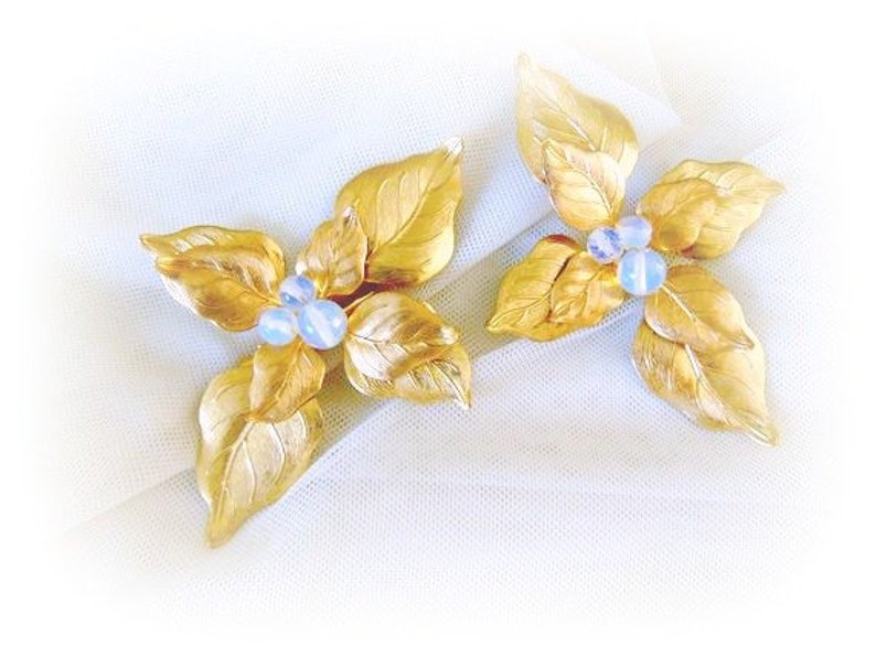 Gemstone Hair Clips Large Gold Leaf Hair Clips Opal Hair Clips OPALITE Sea Opal Gold Leaf Hair Piece Headpiece Bridal Hair Clips