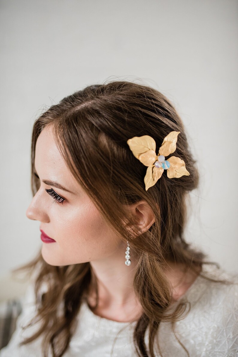 Gemstone Hair Clips Large Gold Leaf Hair Clips Opal Hair Clips OPALITE Sea Opal Gold Leaf Hair Piece Headpiece Bridal Hair Clips