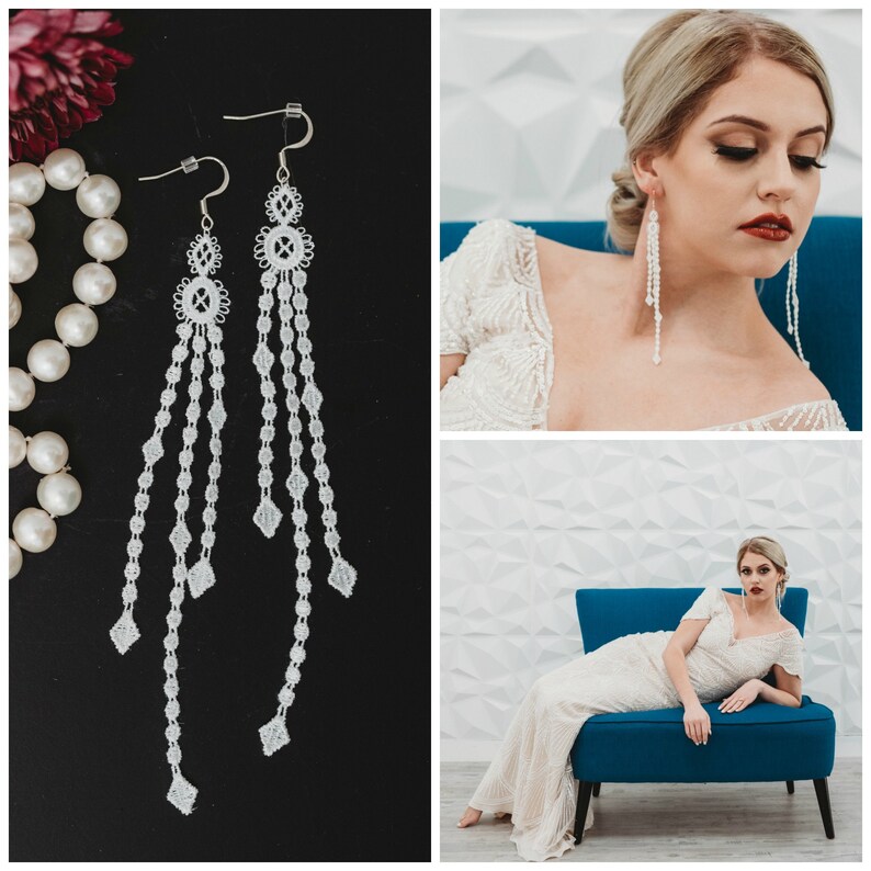 White Lace Earrings Boho Wedding Earrings Boho Earrings Wedding Earrings Prom Earrings Long Earrings White Earrings Lace Earrings