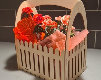 Picket Fence Flower Basket With Handles Laser Cut File, Glowforge Plywood Storage Basket Template, Home Decor