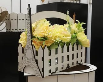 Eiffel Tower Flower Basket With Handles Laser Cut File, Glowforge Plywood Storage Basket Template, Home Decor