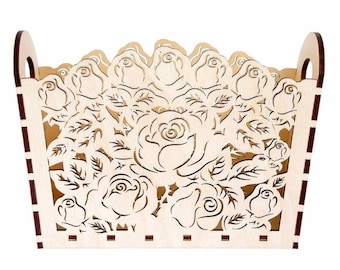 Rose Flower Basket With Handles Laser Cut File, Glowforge Plywood Storage Basket Template, Home Decor