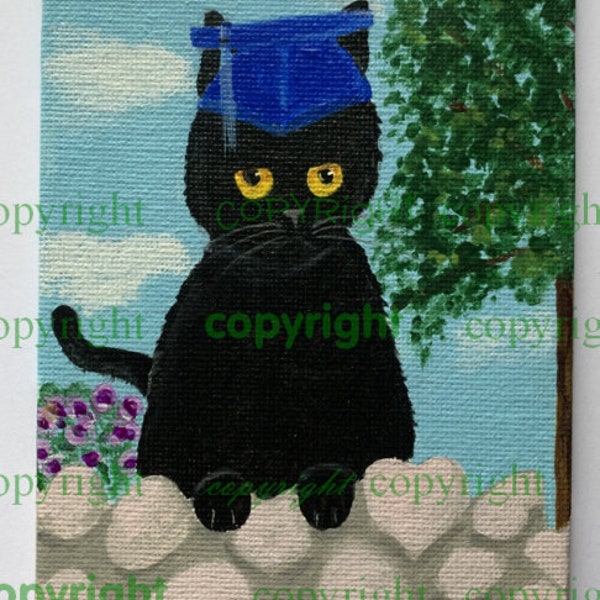 Graduation Cat, Black Cat Graduation Hat, Original Art, Acrylic Painting