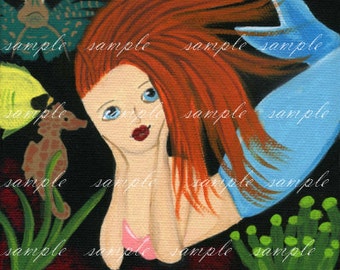 May include: A painting on a black background featuring a mermaid with long red hair and a blue tail. The scene includes a yellow fish, a brown seahorse, a green sea creature, and green seaweed. The word sample is repeated across the image.