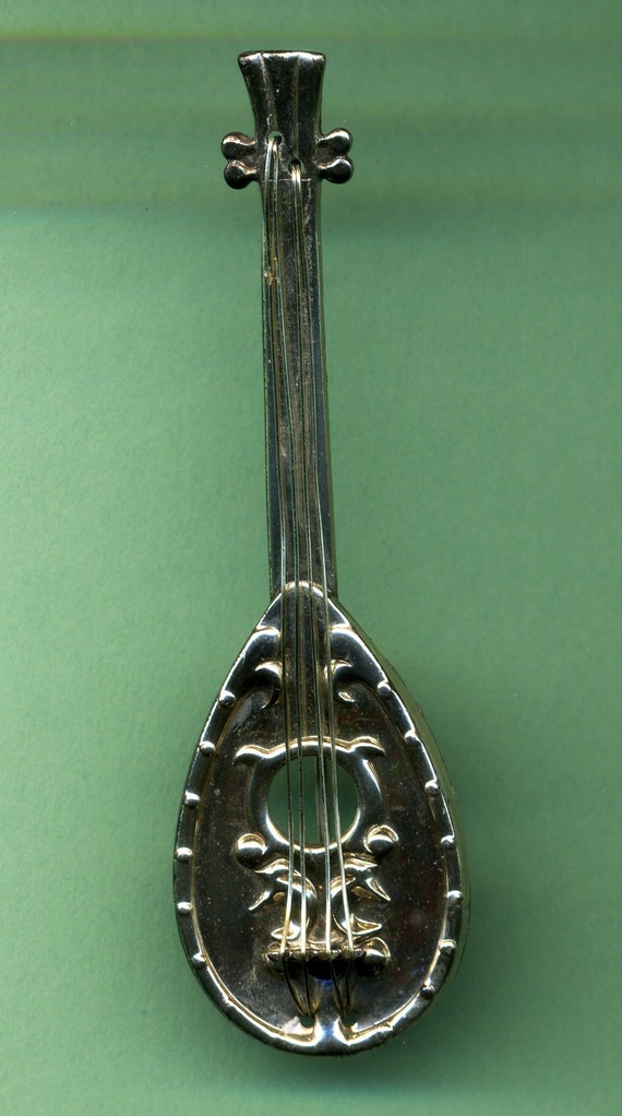 Lang Sterling Mandolin Brooch  Pin  Silver, Music… - image 1