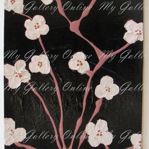 May include: An abstract painting of a flowering tree branch against a black background. The blossoms are white with brown centers, and the branches are a soft pink. The text "My Gallery Online" is repeated across the image.