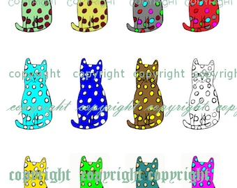 May include: Twelve illustrations of cats with different colored polka dots. The cats are all sitting in a similar pose with their tails curled behind them. The colors of the polka dots are red, yellow, green, blue, turquoise, brown, white, pink, orange, purple, and black.