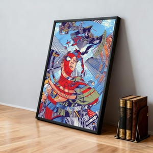 May include: Framed art print featuring a stylized illustration of Spider-Man in a dynamic pose, set against a backdrop of a cityscape. The artwork uses a vibrant color palette of red, blue, and green, with the words "ONE WAY" visible.