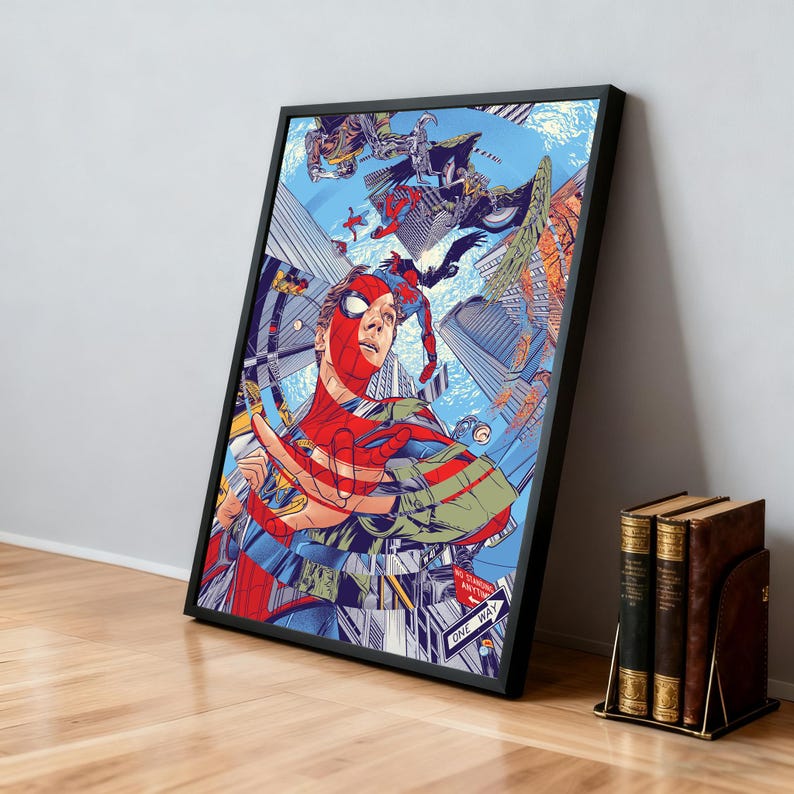 May include: Framed art print featuring a stylized illustration of Spider-Man in a dynamic pose, set against a backdrop of a cityscape. The artwork uses a vibrant color palette of red, blue, and green, with the words "ONE WAY" visible.