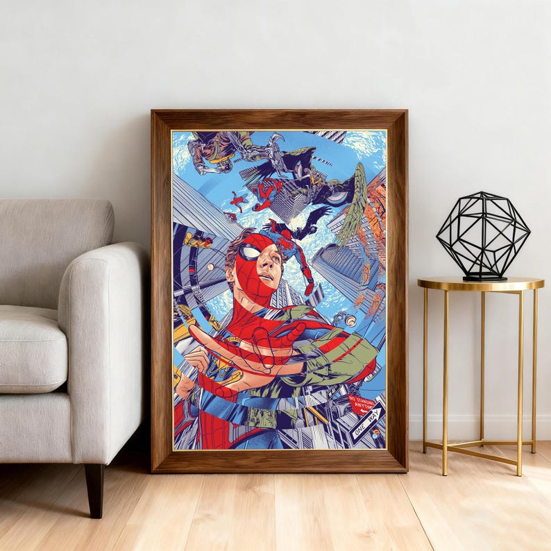 May include: A framed art print featuring a vibrant illustration of Spider-Man in a dynamic pose, set against a backdrop of a cityscape and other superheroes. The artwork is framed in a dark wood frame.