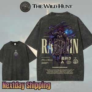 May include: Two dark gray t-shirts. One features a graphic of a warrior on horseback with the text "RADAHN" and Japanese characters. The other shirt has a purple and white design. The text "THE WILD HUNT" is at the top.