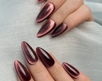 Burgundy Cat Eye Press On Nails Almond – Dark Cherry Elegant Everyday Handmade – AuraNails