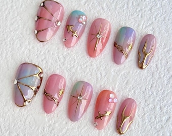 Hand Painted Short Almond Press On Nails – Pink Y2K Star Aura Design