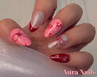 Pink Silver Bow Press On Nails Almond – Cute Spring Summer Y2K Handmade – AuraNails