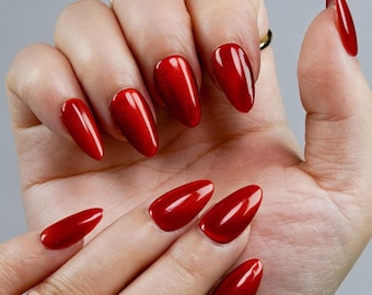 Red Short Almond Press On Nails – Glossy Shimmer Salon Gel Manicure