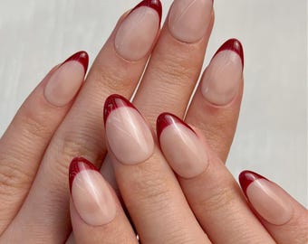 Red French Tip Press On Nails Almond – Classic Elegant Handmade Nails – AuraNails