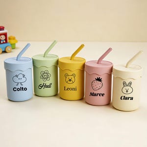 May include: Five colorful, personalized sippy cups with straws. Each cup is a different pastel color: blue, green, yellow, pink, and cream. Each cup has a different cartoon graphic and name printed on it. The straws are color-coordinated with the cups.