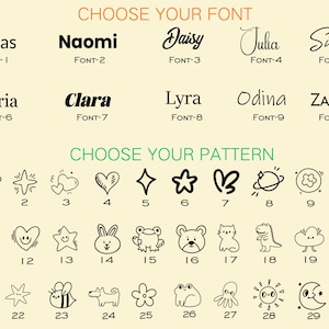 Puede incluir: Gr&aacute;fico beige con opciones de fuente y patr&oacute;n para dise&ntilde;os personalizados. Se muestra el texto "CHOOSE YOUR FONT" y "CHOOSE YOUR PATTERN". Las opciones de fuente incluyen Lucas, Naomi, Daisy, Julia y Simon. Las opciones de patr&oacute;n incluyen estrellas, corazones y otros garabatos.