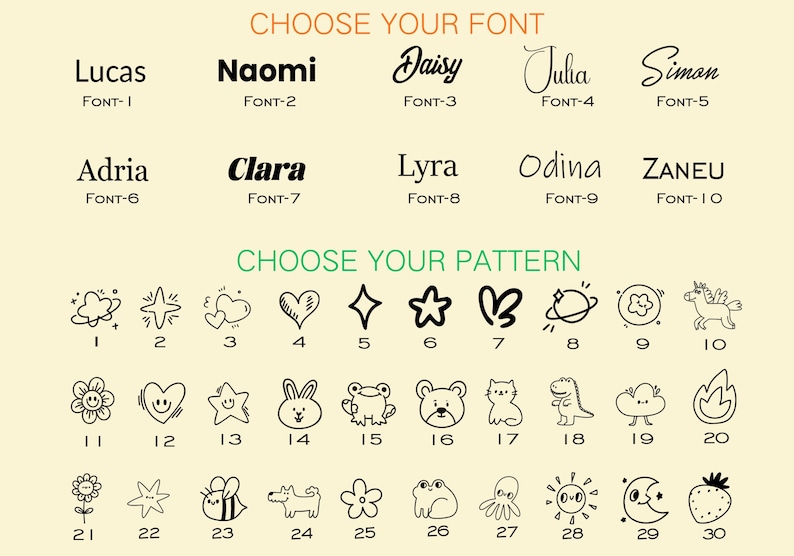Puede incluir: Gr&aacute;fico beige con opciones de fuente y patr&oacute;n para dise&ntilde;os personalizados. Se muestra el texto "CHOOSE YOUR FONT" y "CHOOSE YOUR PATTERN". Las opciones de fuente incluyen Lucas, Naomi, Daisy, Julia y Simon. Las opciones de patr&oacute;n incluyen estrellas, corazones y otros garabatos.