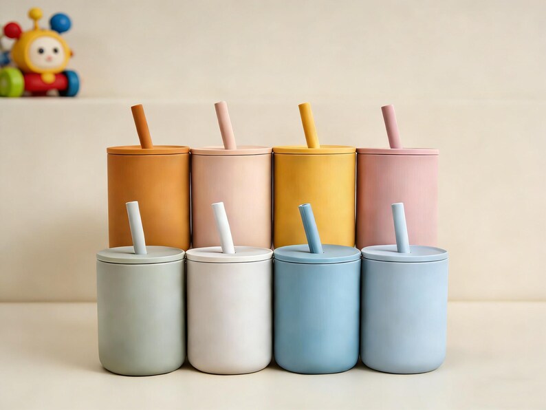 Puede incluir: Ocho tazas de silicona de colores con tapas y pajitas. Las tazas son en tonos naranja, rosa, amarillo y azul. Un juguete est&aacute; en el fondo.