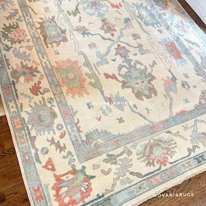 Hand Knotted Oushak Rug: Ivory, Pastel Blue, Coral - New Zealand Wool