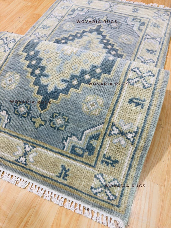Turkish Oushak Runner Rug, Vintage Hand Knotted Wool Rug, Blue Green Ivory Medallion,Hallway Entry Rug 2x6 3x10 4x12 Multiple size available