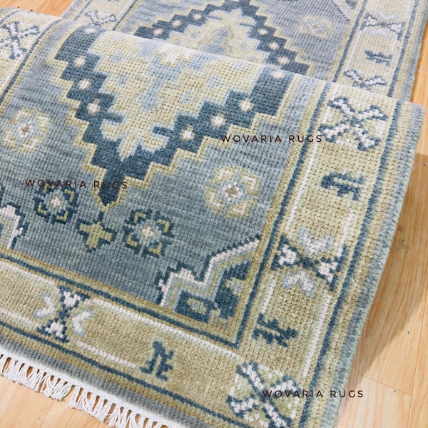 Turkish Oushak Runner Rug, Vintage Hand Knotted Wool Rug, Blue Green Ivory Medallion,Hallway Entry Rug 2x6 3x10 4x12 Multiple size available