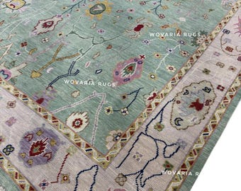 Handmade Green Oushak Rug | Vintage Style Floral Wool Carpet (8x10)