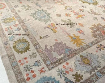 Oushak Rug 8x10/9x12 Hand Knotted Wool Rug, Handmade Floral Rug, Vintage Turkish Design Neutral Ivory Pastel Are large Living Room Rug 10x14