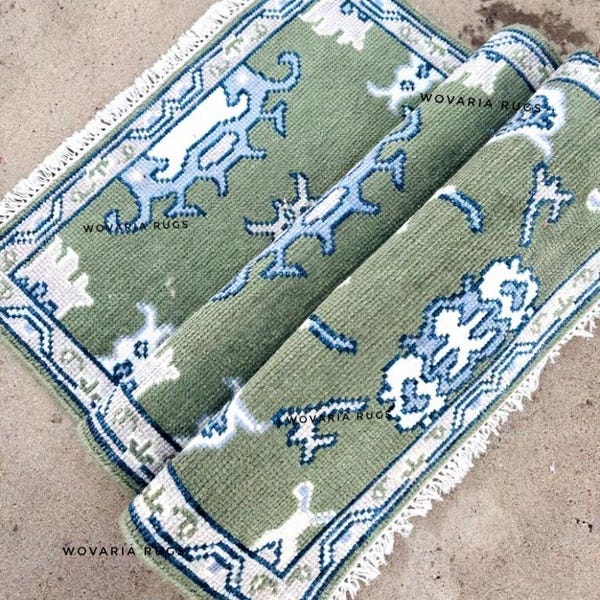 Hand knotted Oushak wool Rug - Paris Green color Contemporary Style Wool Runner Rug - Hallway Runner - Kitchen runner - Boho runner