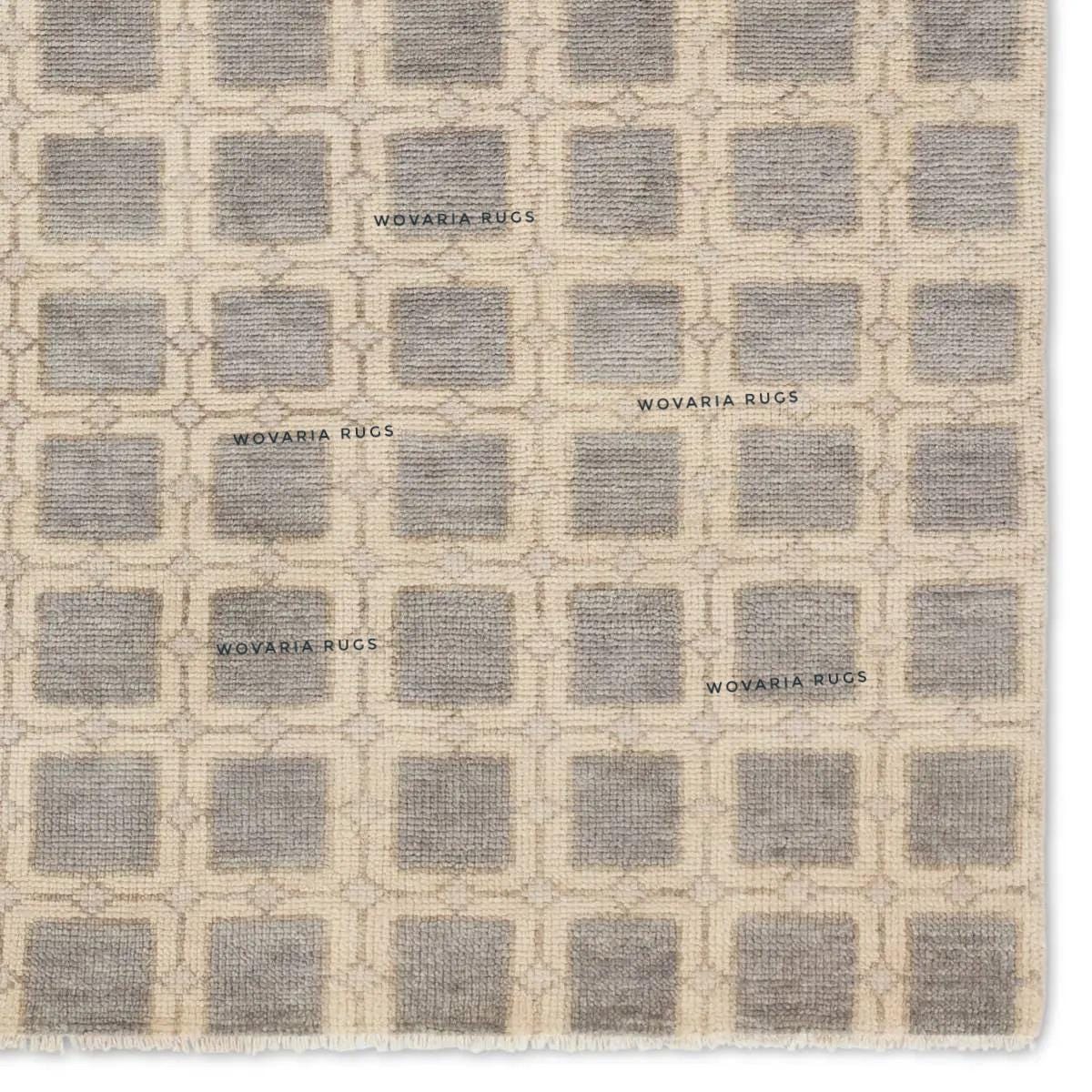 Neutral Beige Grid Pattern Knotted Wool Rug Handmade Geometric Area Rug ...
